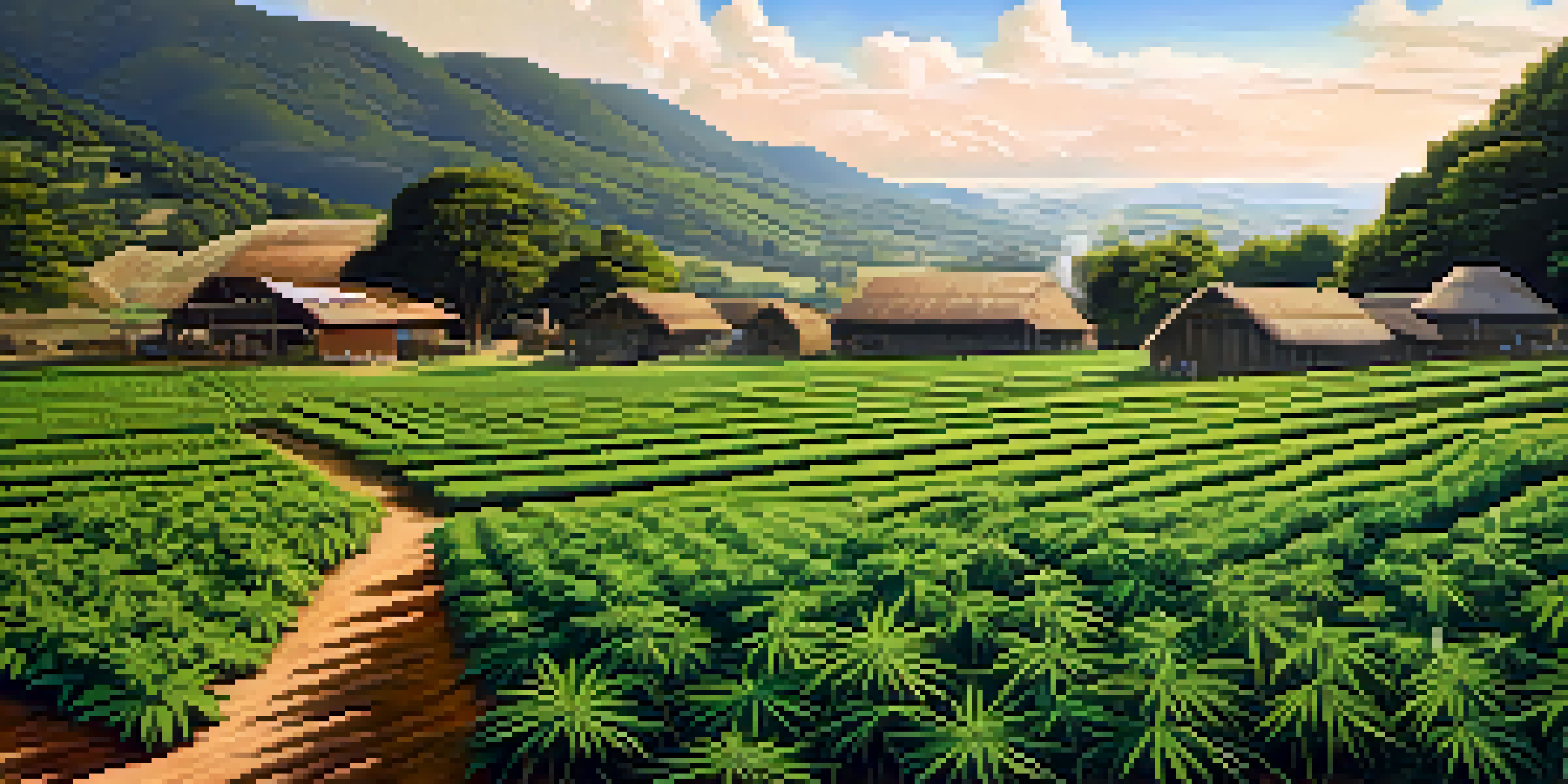 An indigenous community cultivating cannabis in a lush green field, with sunlight filtering through the plants and traditional tools present.