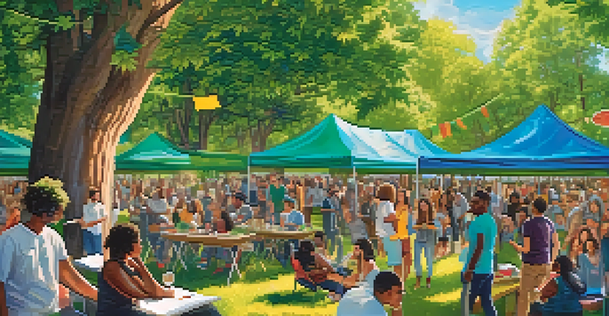 A lively community gathering in a park focused on cannabis reform, with people of various ages and backgrounds discussing and sharing educational materials under colorful banners.