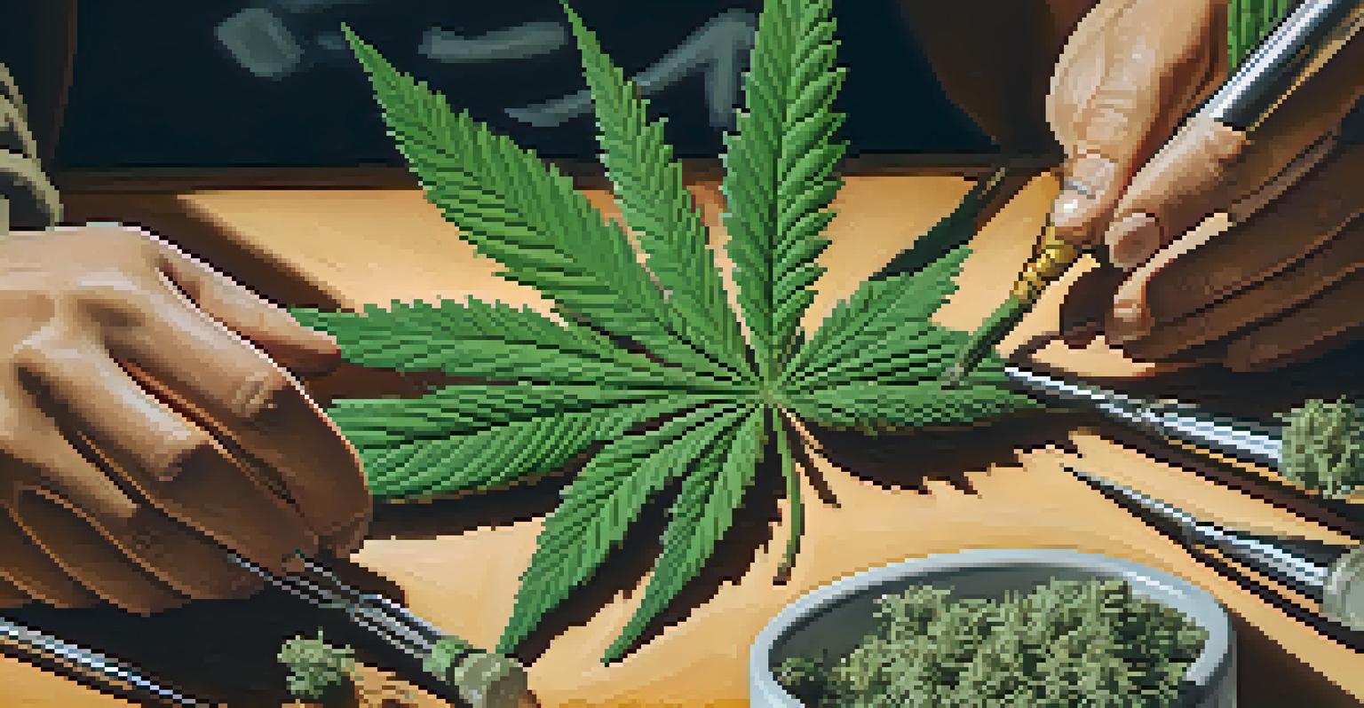 Close-up of hands working with cannabis, surrounded by tools and cultural artifacts in a warm setting.