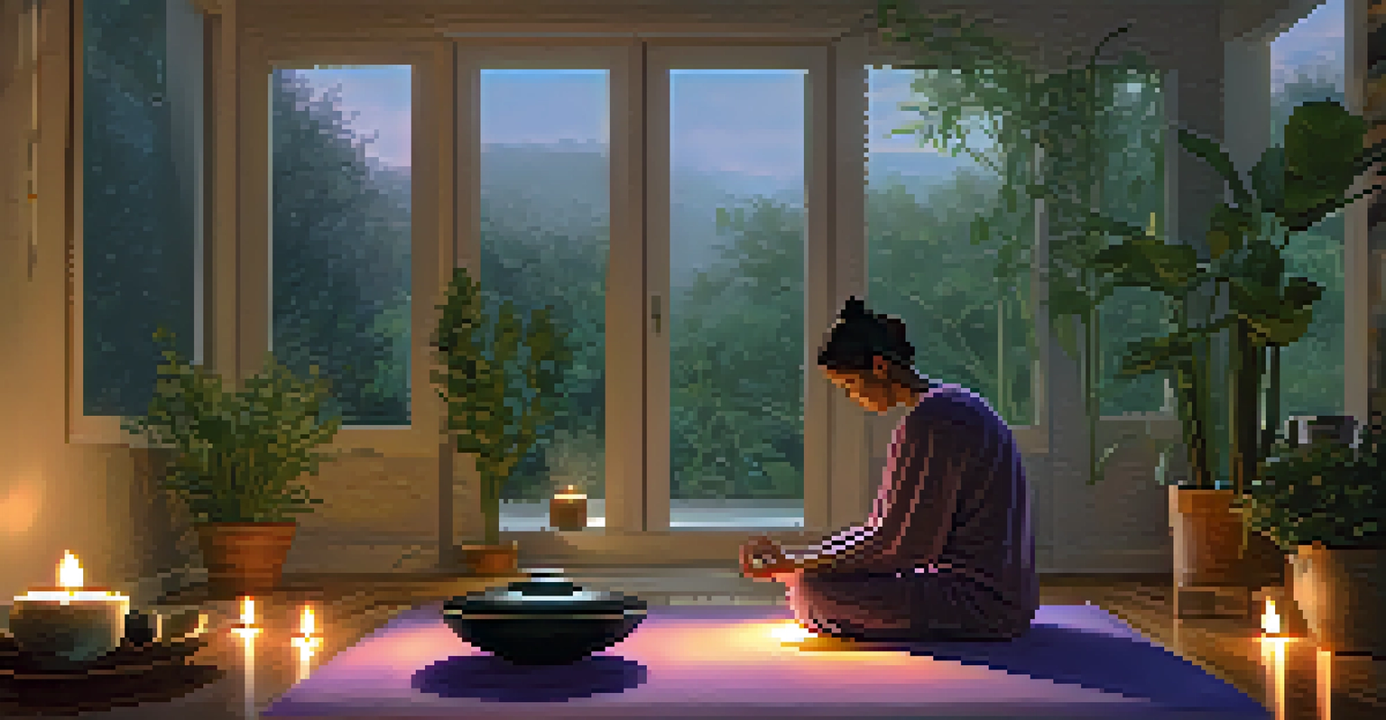 A person meditating in a softly lit room with plants and candles, highlighting the importance of peaceful environments for sleep.
