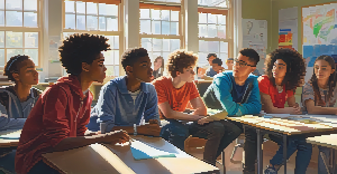 A diverse group of teenagers in a classroom workshop, listening to a mentor explaining substance use risks.