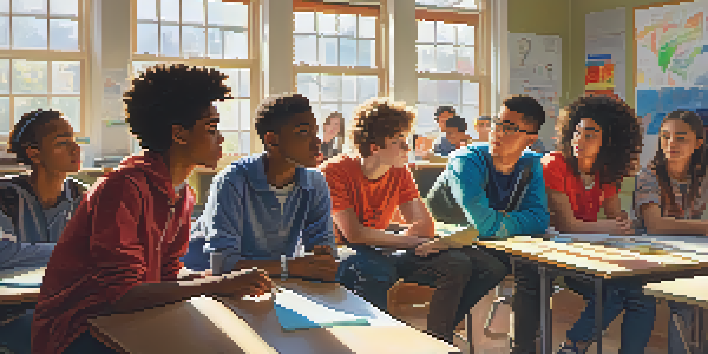 A diverse group of teenagers in a classroom workshop, listening to a mentor explaining substance use risks.