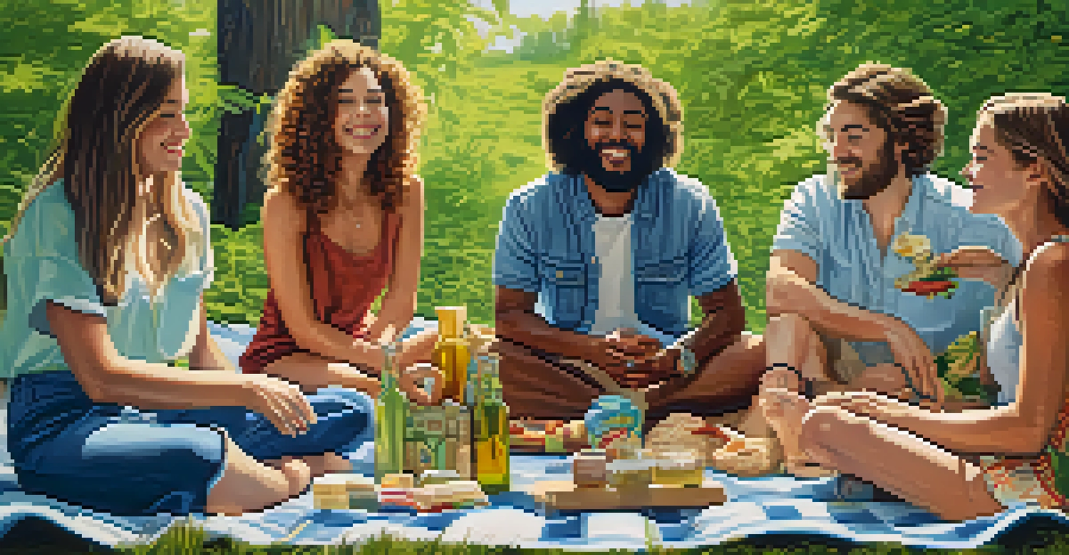 A group of friends having a picnic outdoors with cannabis-infused products displayed.