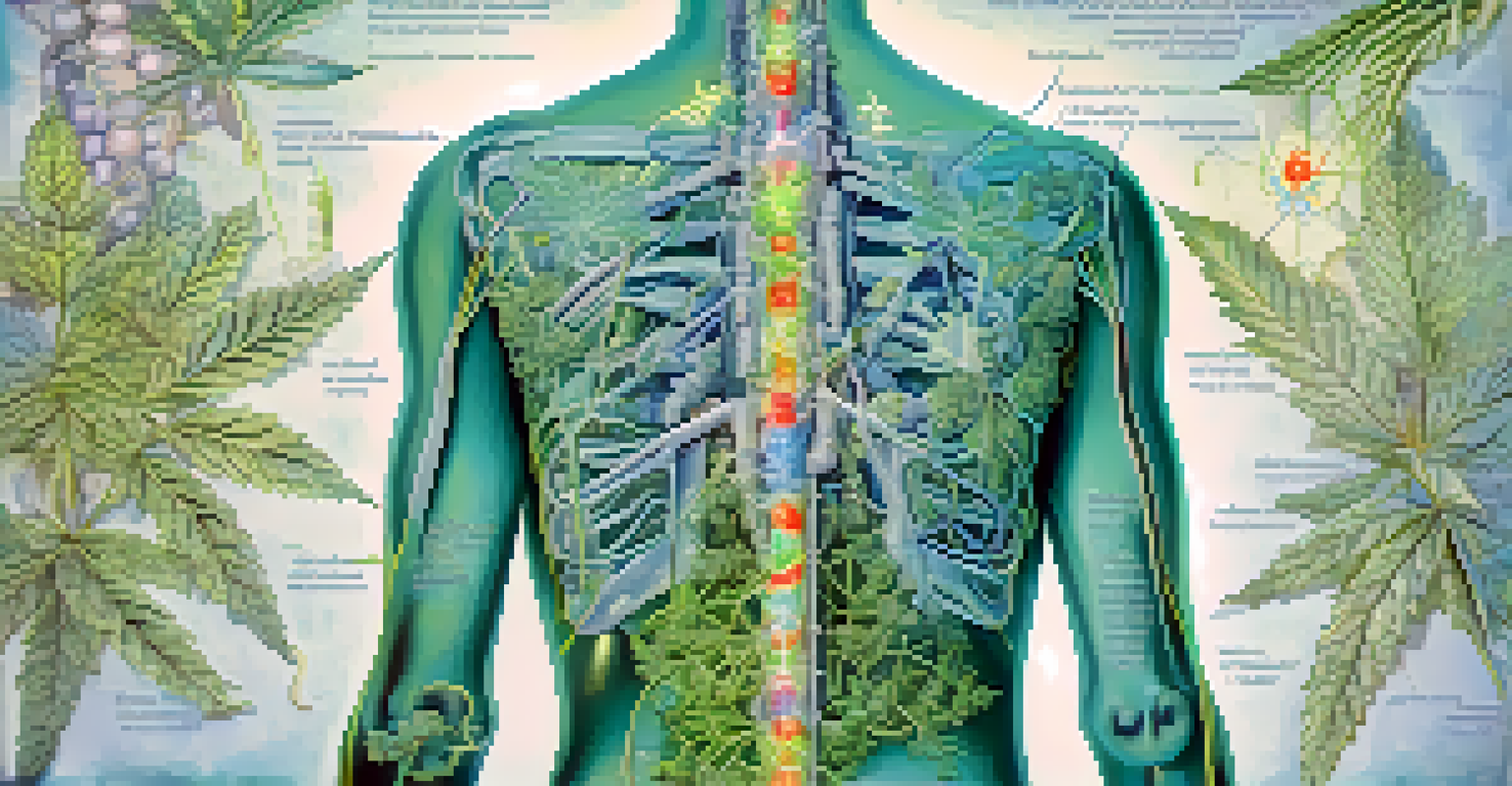 An artistic representation of the human body with highlighted pain relief zones and symbols of opioids and marijuana.