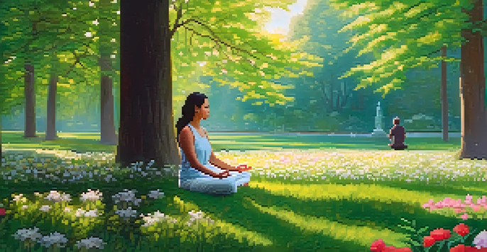 A person meditating in a peaceful park surrounded by green trees and colorful flowers under soft sunlight.