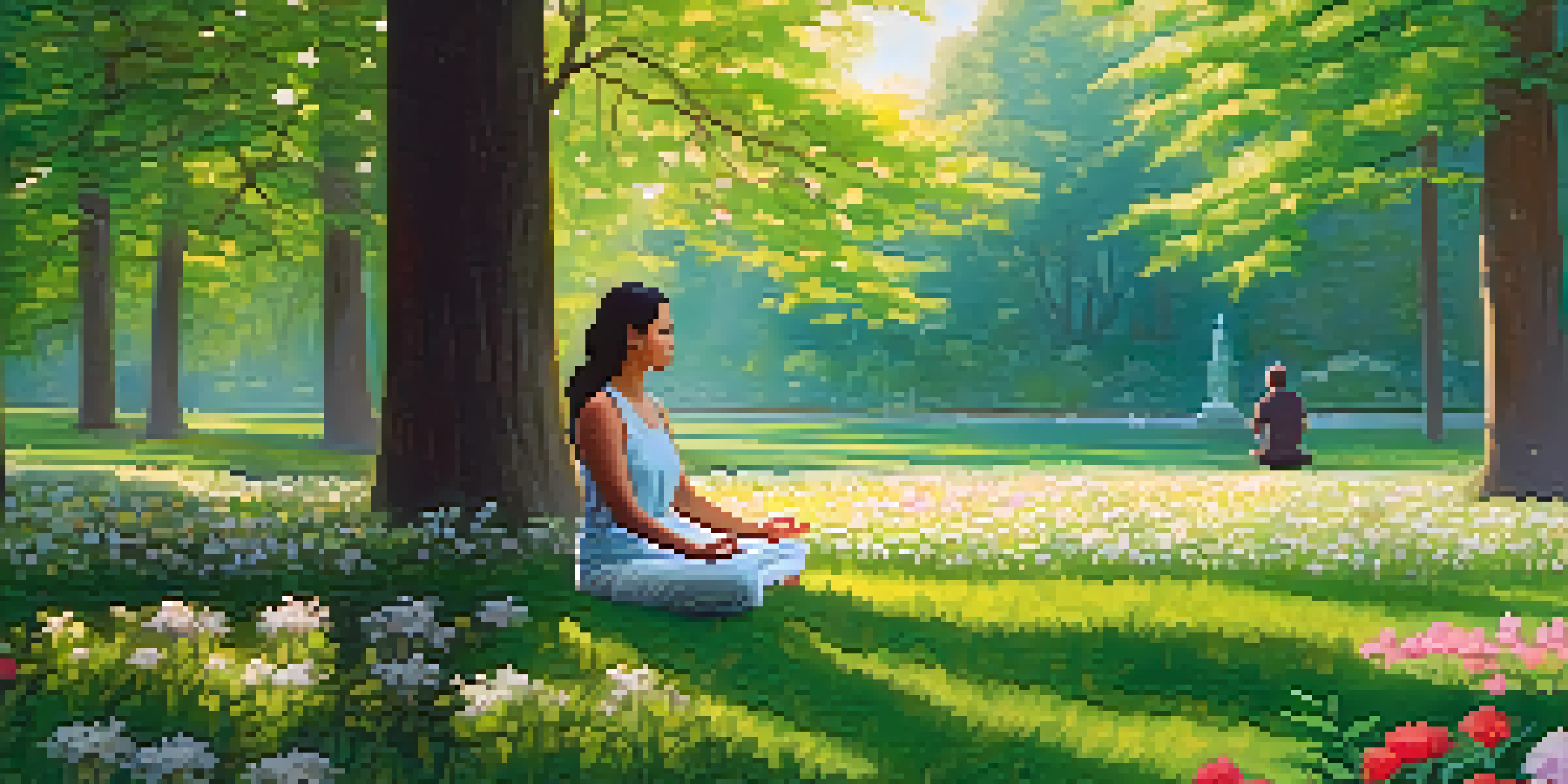 A person meditating in a peaceful park surrounded by green trees and colorful flowers under soft sunlight.