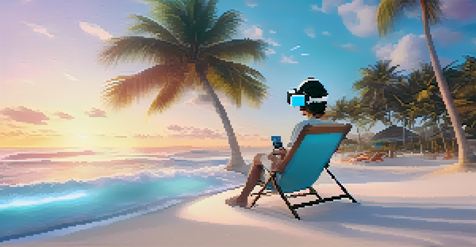 A person in a virtual reality headset relaxing on a beach with gentle waves and a pastel sky.