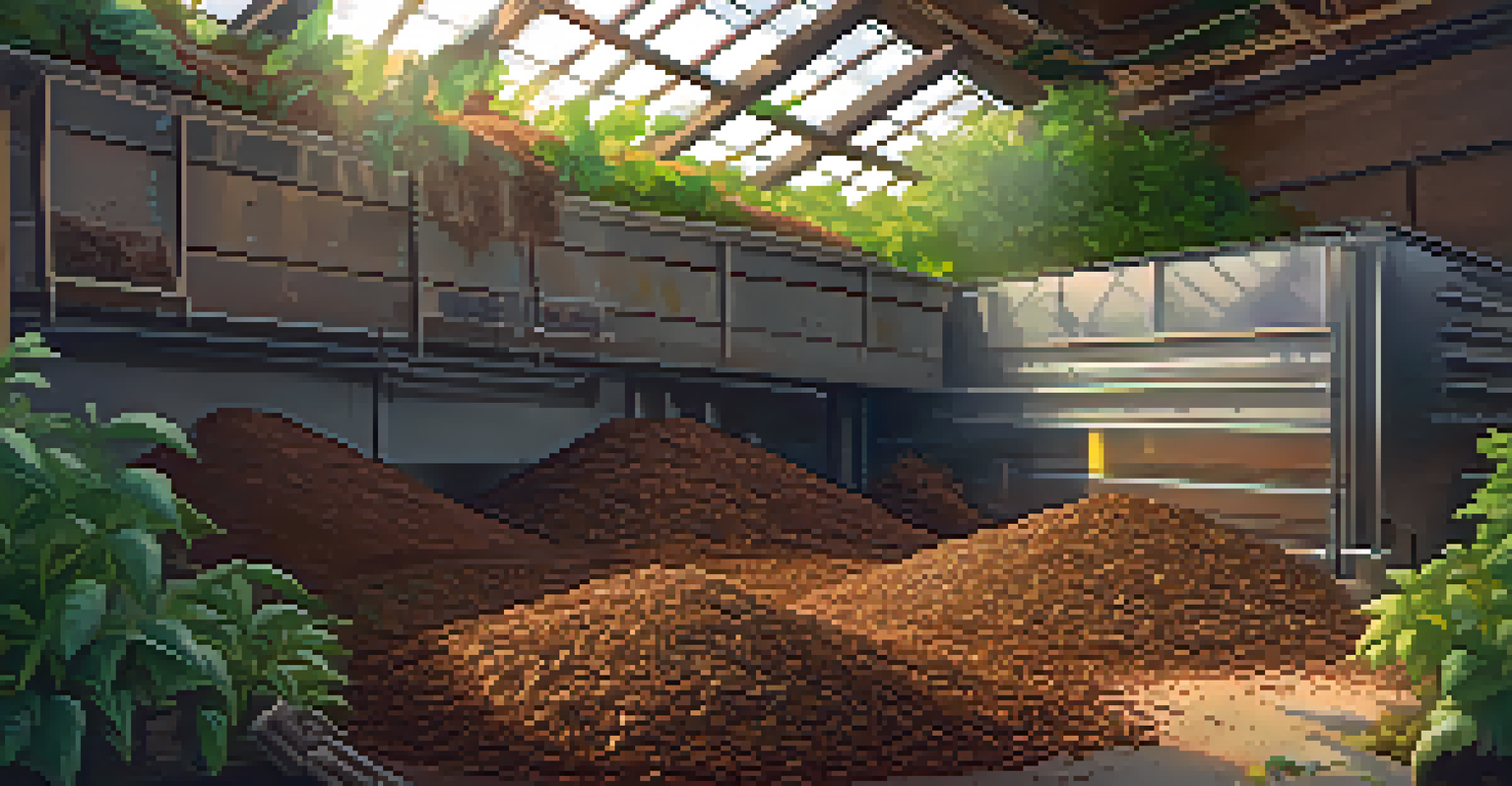 A close-up of a composting system with green plant waste and brown materials, illuminated by sunlight in a cannabis facility.
