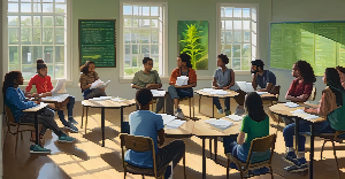 A classroom scene with diverse students discussing marijuana use, surrounded by natural light and educational materials.