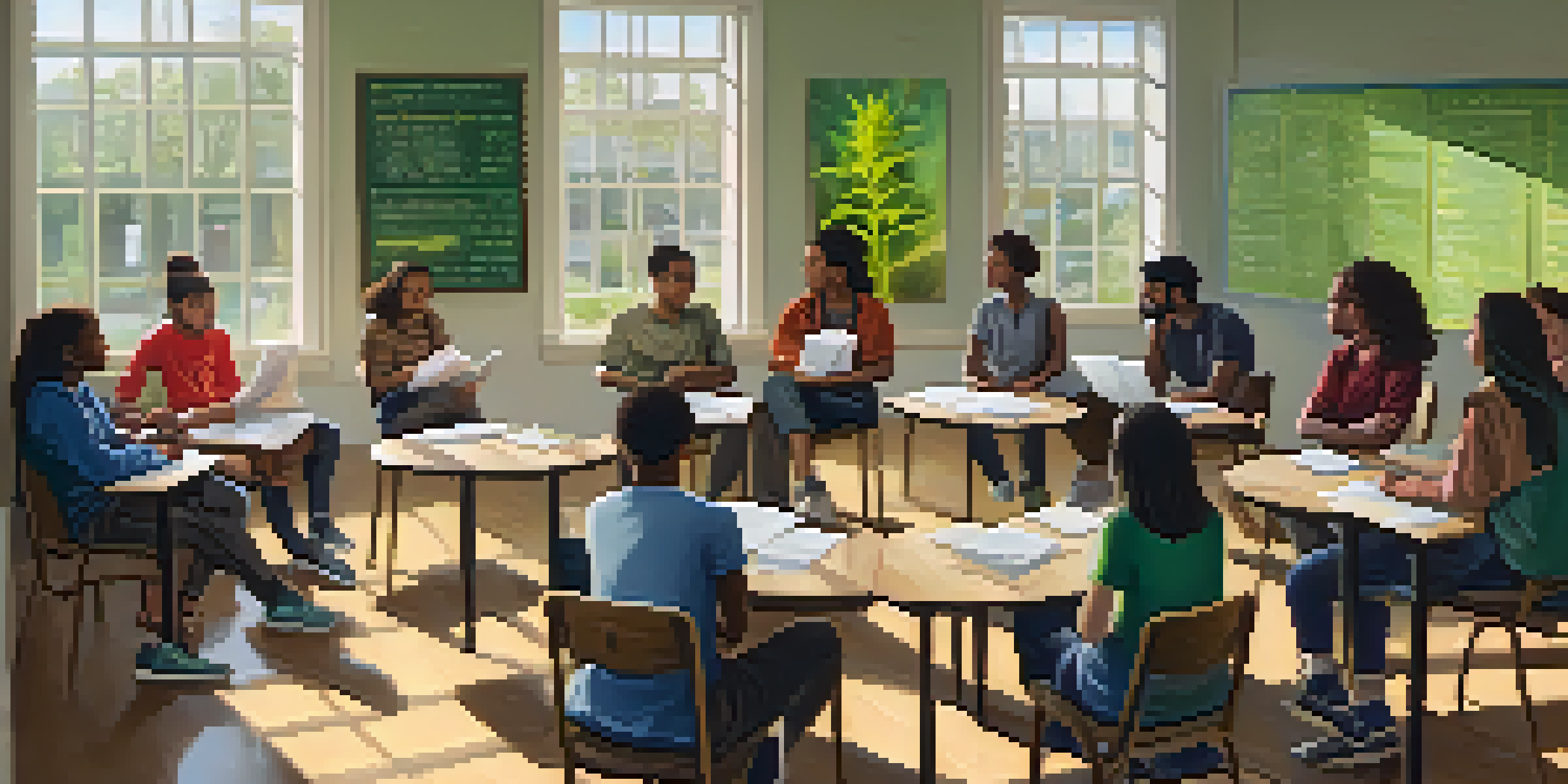 A classroom scene with diverse students discussing marijuana use, surrounded by natural light and educational materials.