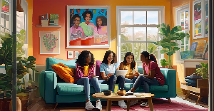 A diverse group of teenagers discussing social media influence in a cozy living room.
