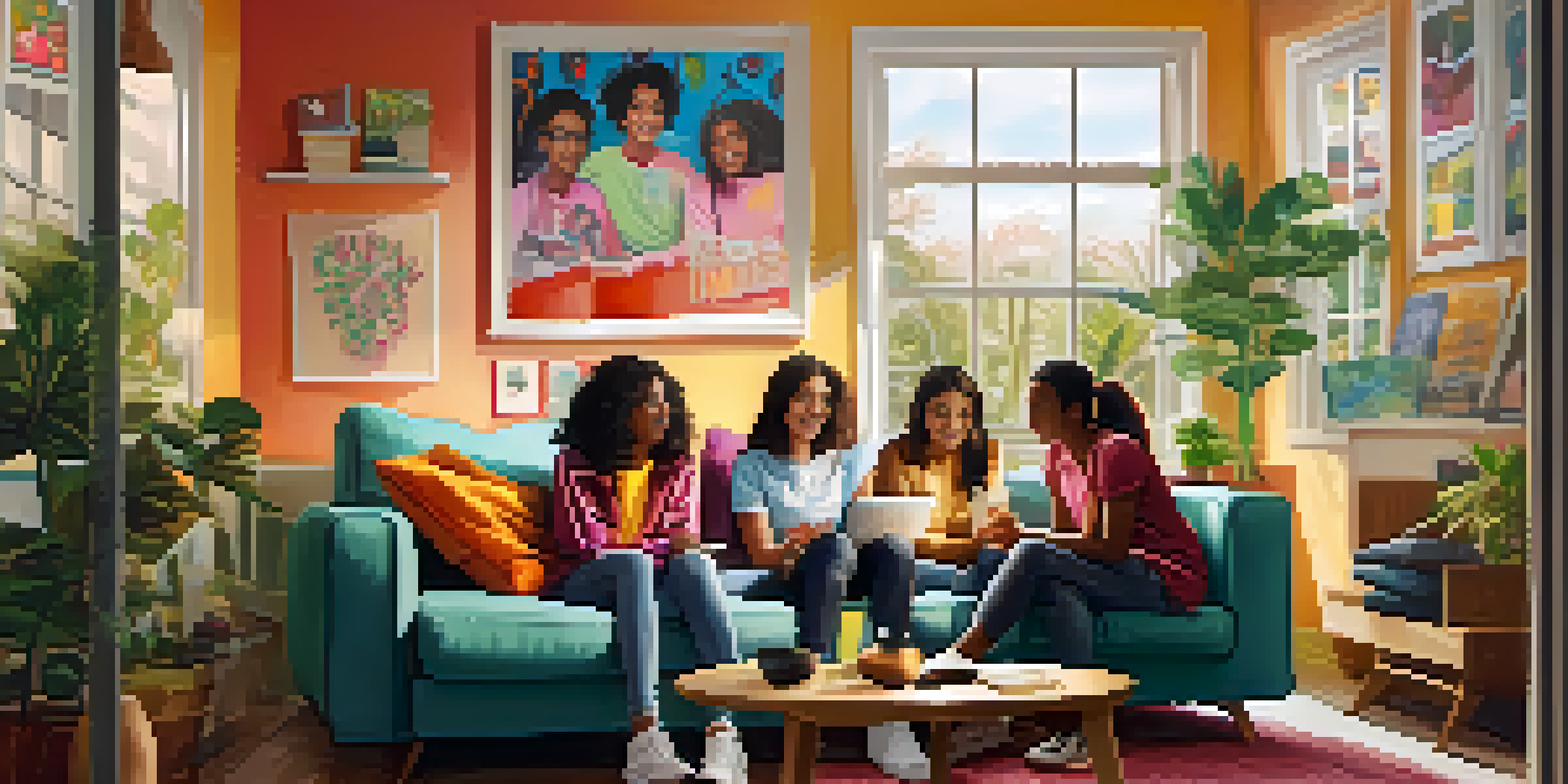 A diverse group of teenagers discussing social media influence in a cozy living room.