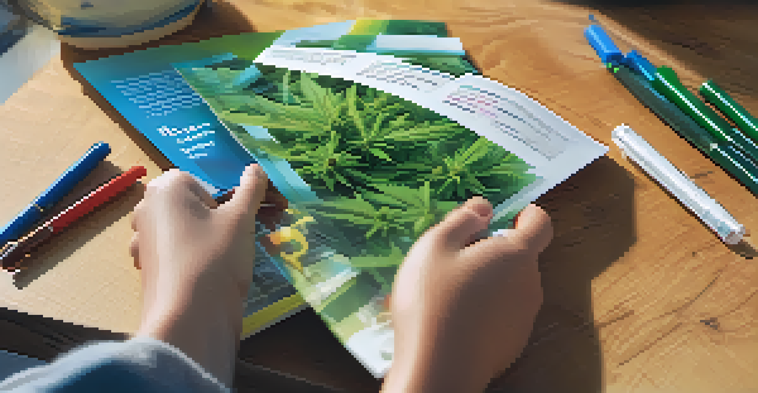 A young person reading a colorful brochure about marijuana laws and responsible use on a wooden table with notebooks and pens.