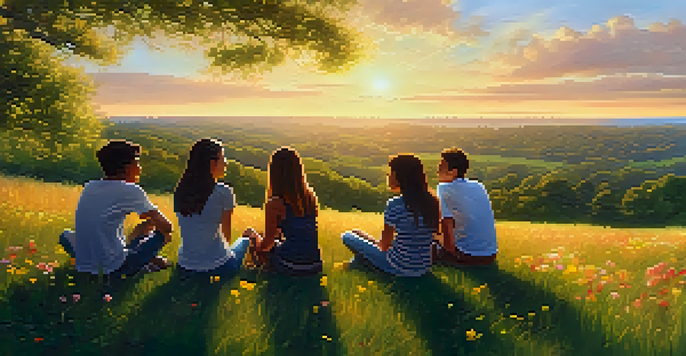 A group of diverse teenagers having an open conversation on a grassy hill during sunset.