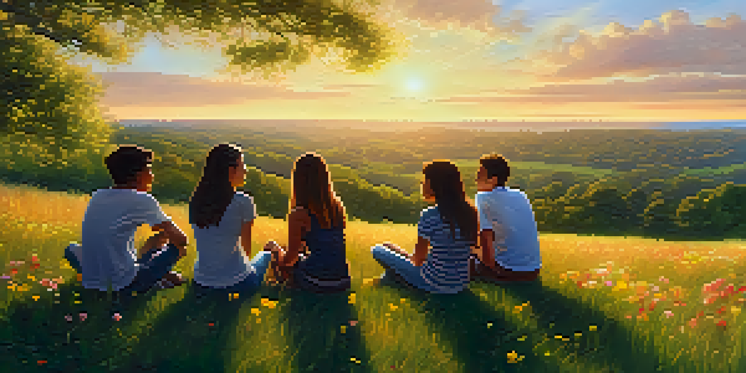 A group of diverse teenagers having an open conversation on a grassy hill during sunset.