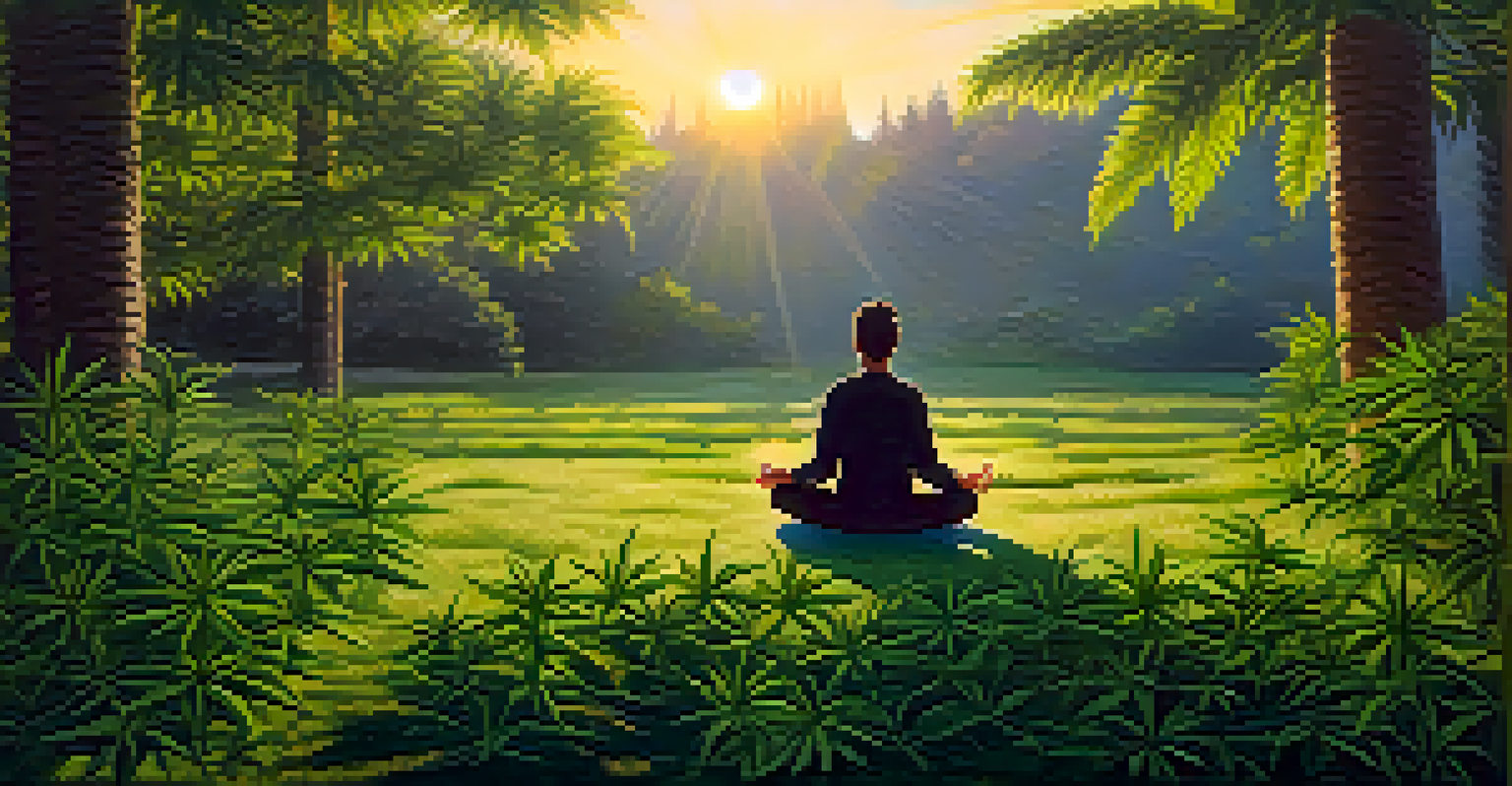 A person meditating in a park surrounded by cannabis plants at sunset, embodying tranquility and mindfulness.
