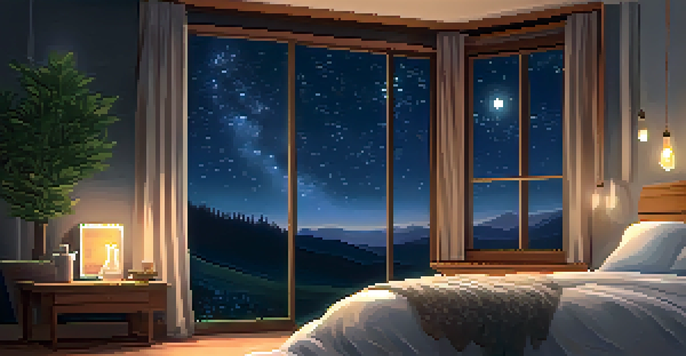 A peaceful bedroom with soft lighting, a cozy bed, and a bedside table with CBD oil and herbal tea, under a starry night sky.