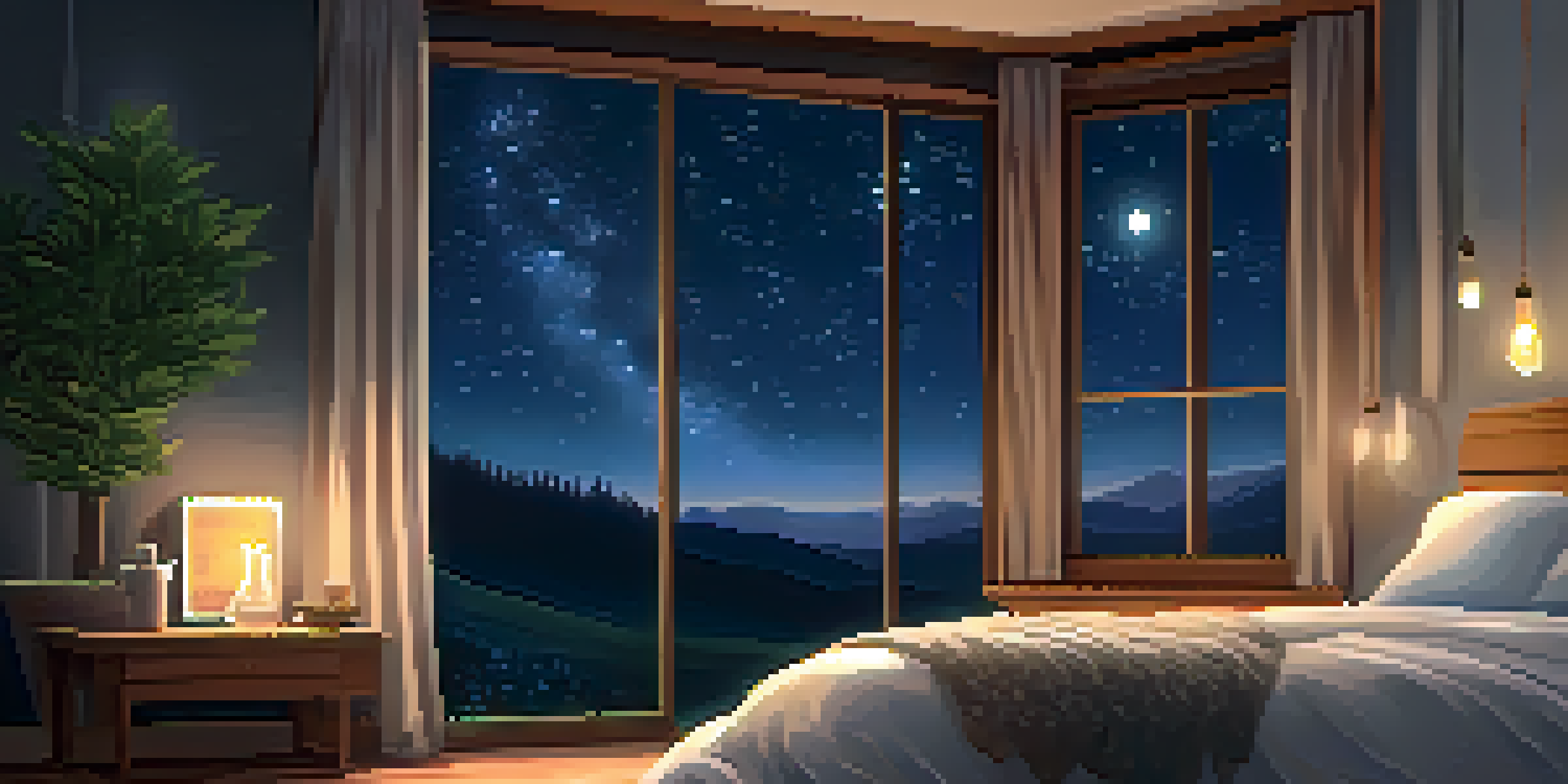 A peaceful bedroom with soft lighting, a cozy bed, and a bedside table with CBD oil and herbal tea, under a starry night sky.