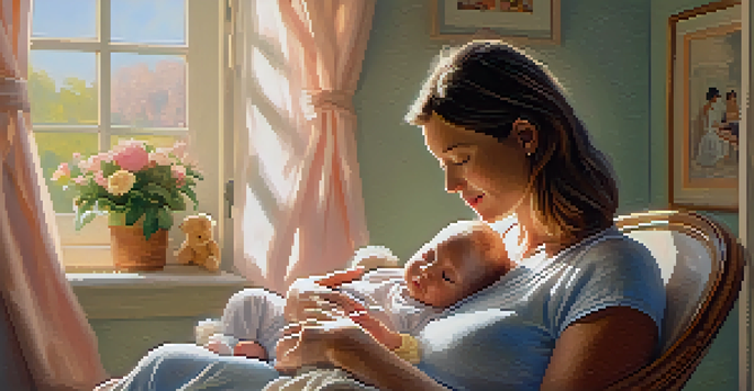 A mother breastfeeding her infant in a cozy nursery, surrounded by soft light and pastel colors.