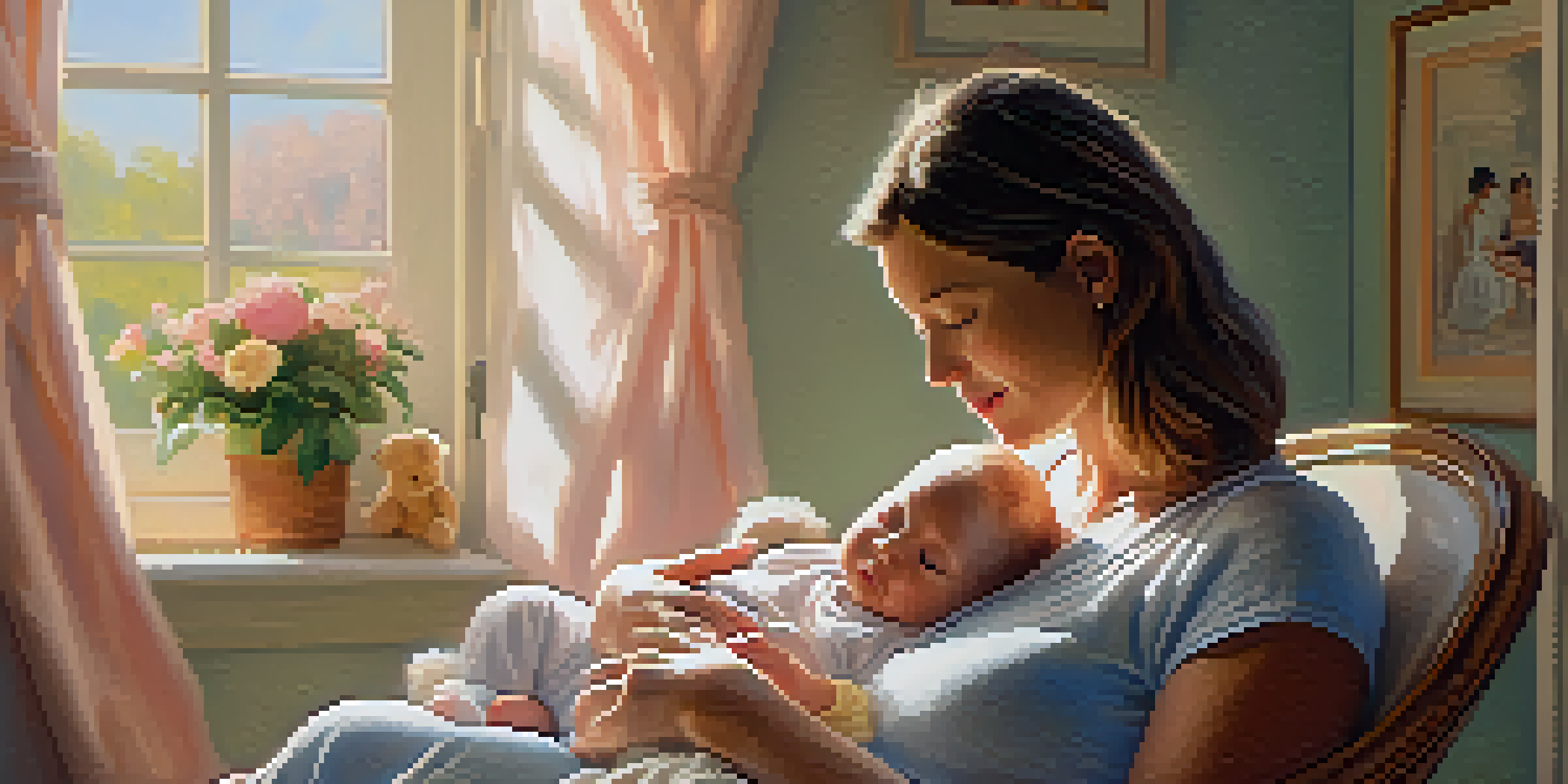 A mother breastfeeding her infant in a cozy nursery, surrounded by soft light and pastel colors.