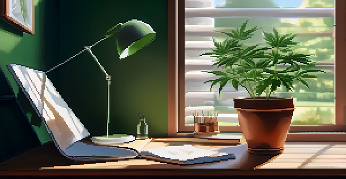A peaceful workspace with a cannabis plant on a desk, sunlight filtering through the window.