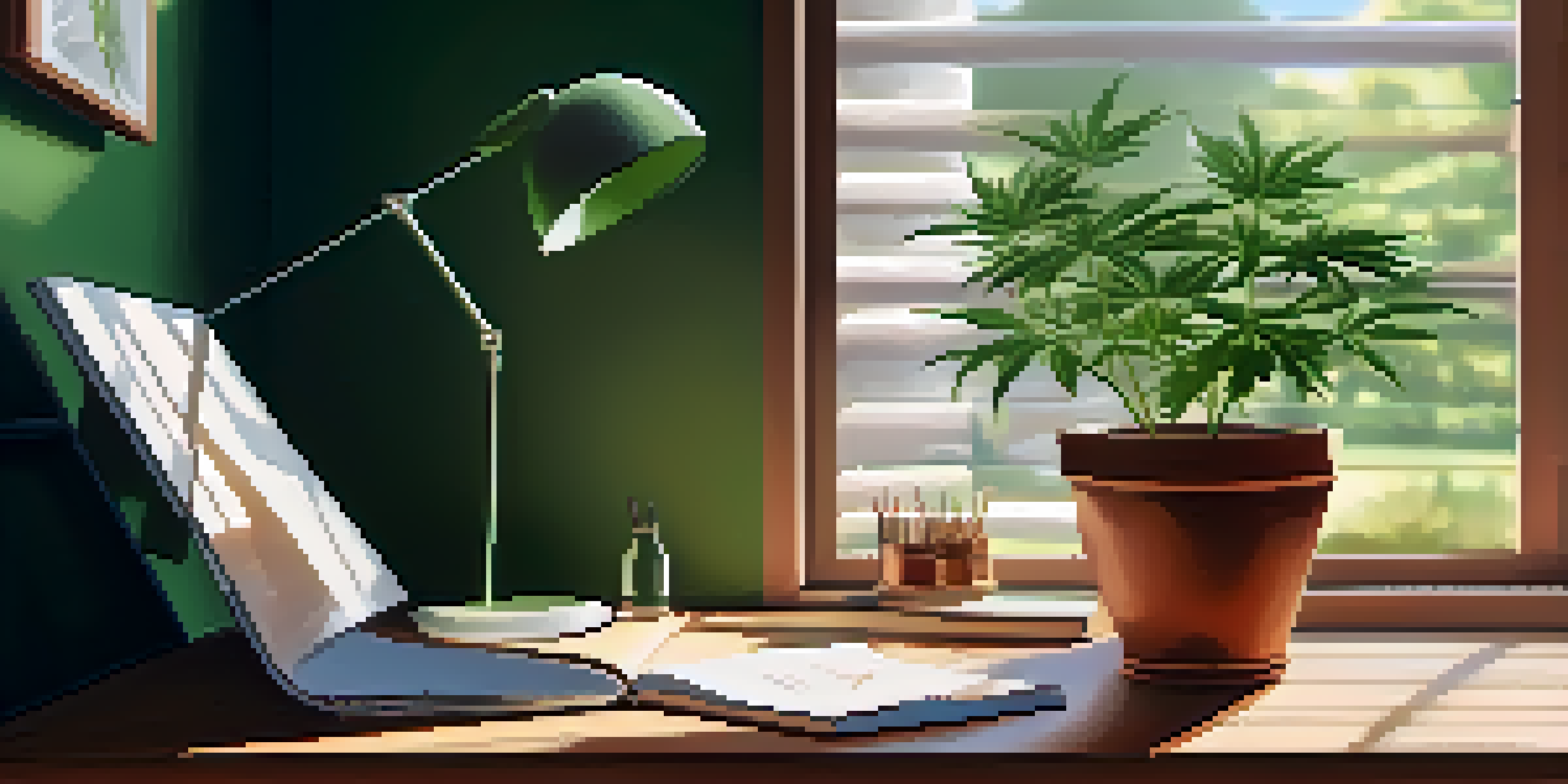 A peaceful workspace with a cannabis plant on a desk, sunlight filtering through the window.