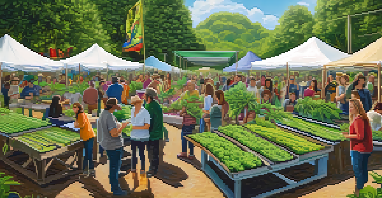 A vibrant community event at a marijuana farm, where people participate in workshops on sustainable practices, surrounded by greenery and tables with organic produce.