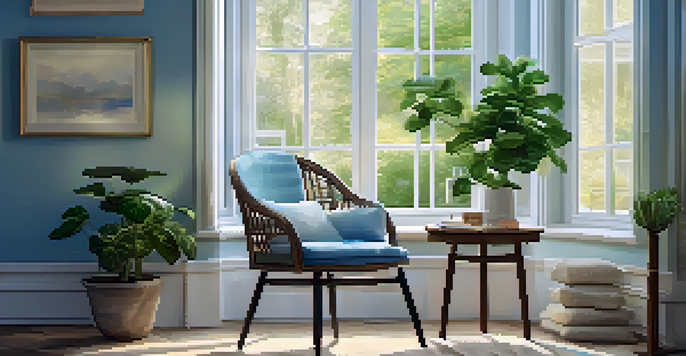 A cozy indoor space with an armchair by a window, a journal on a table, and houseplants, creating a tranquil atmosphere.