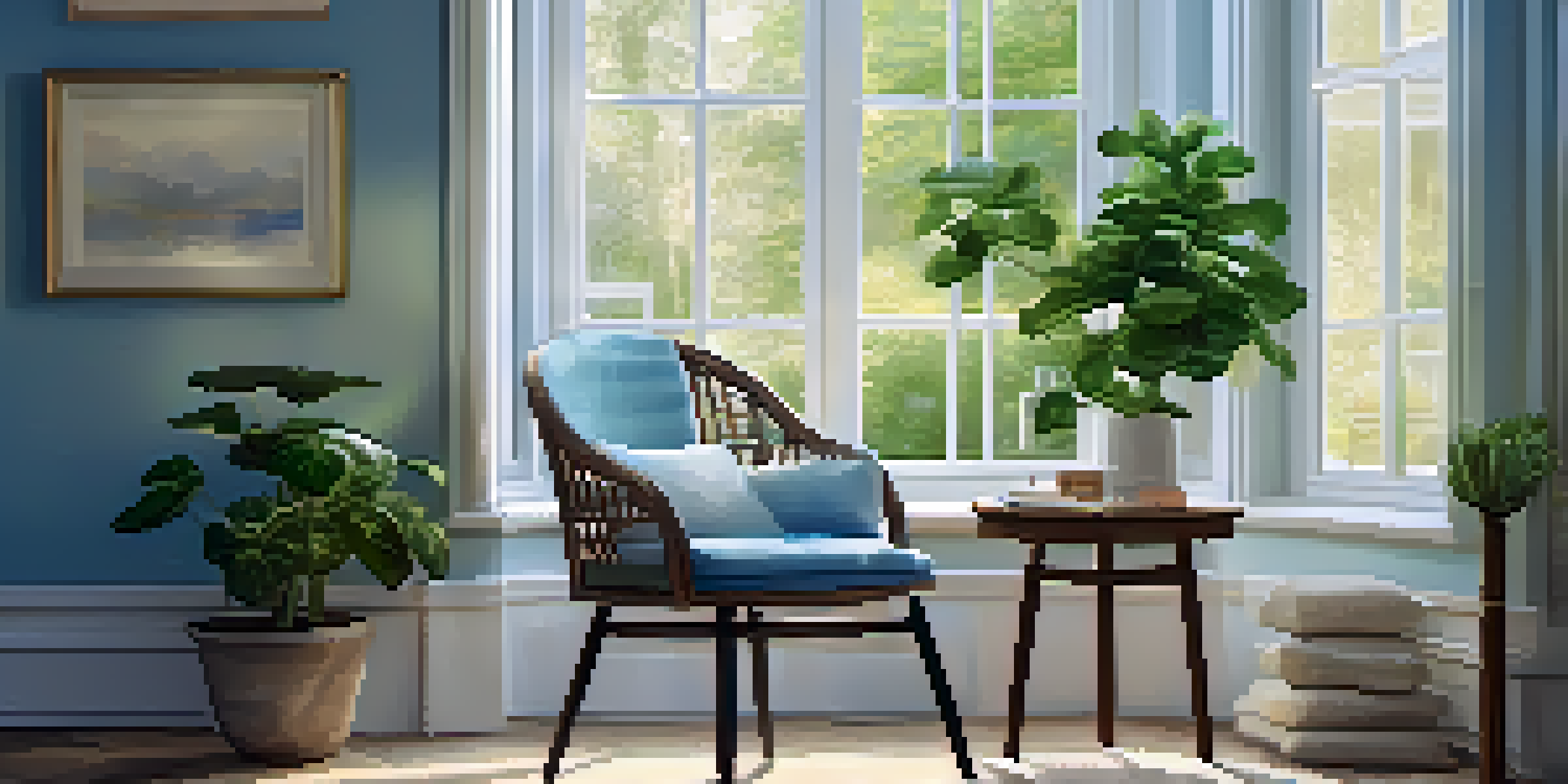 A cozy indoor space with an armchair by a window, a journal on a table, and houseplants, creating a tranquil atmosphere.