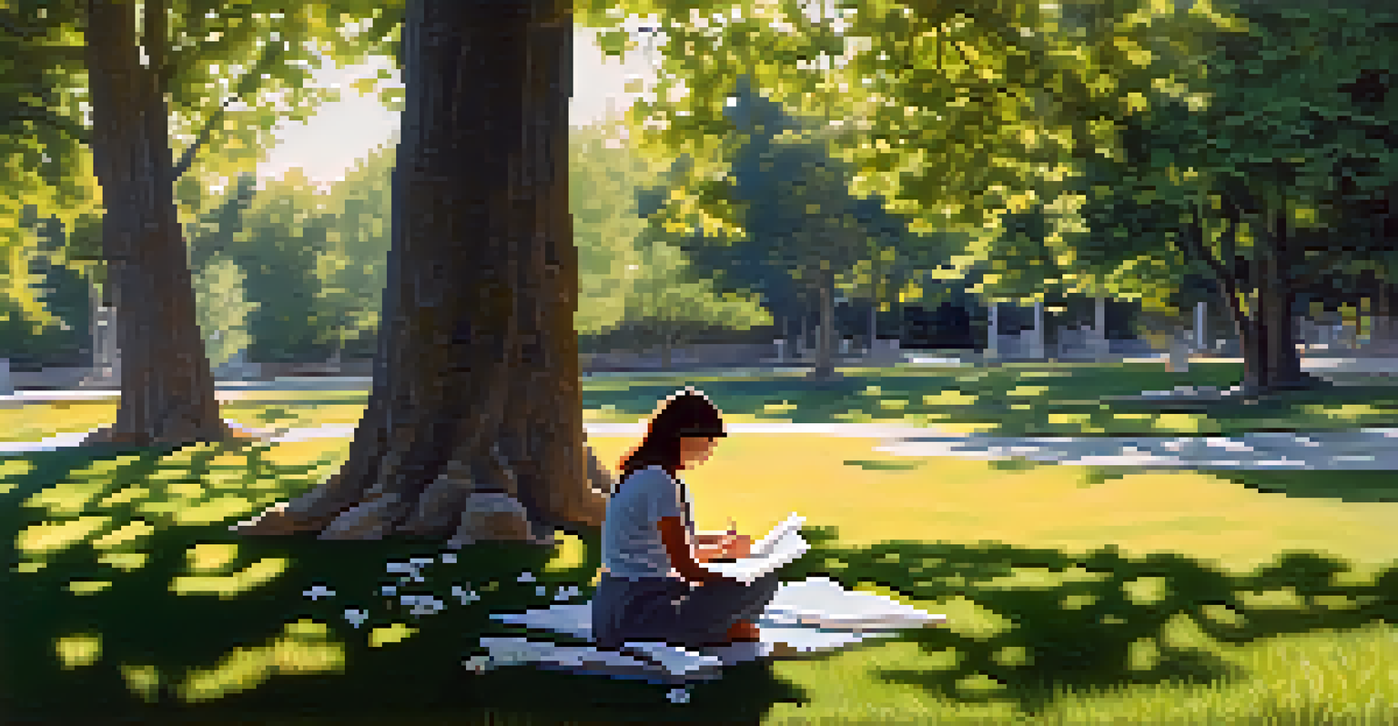 An artist sketching in a notebook while sitting on the grass, surrounded by flowers and trees under dappled sunlight.