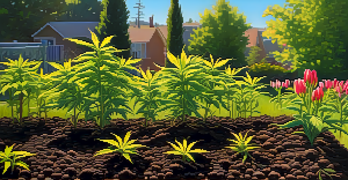 A bright and colorful spring garden with young marijuana plants emerging from the soil, surrounded by blooming flowers.