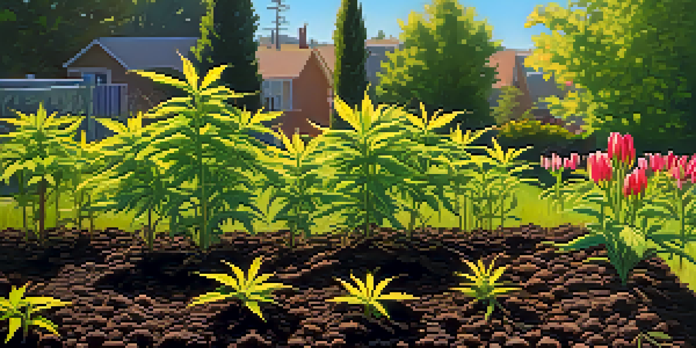 A bright and colorful spring garden with young marijuana plants emerging from the soil, surrounded by blooming flowers.