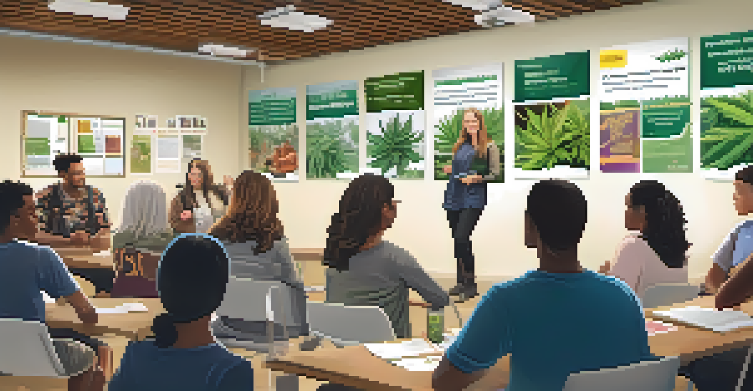 A community workshop about responsible marijuana use, with a diverse group of adults listening to an instructor in a bright and informative setting.