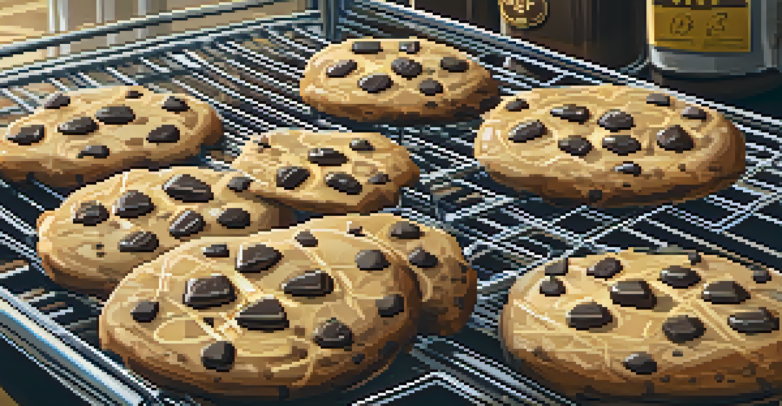 A close-up of a freshly baked cookie with cannabis-infused chocolate drizzle, surrounded by jars of infused oils and butters.