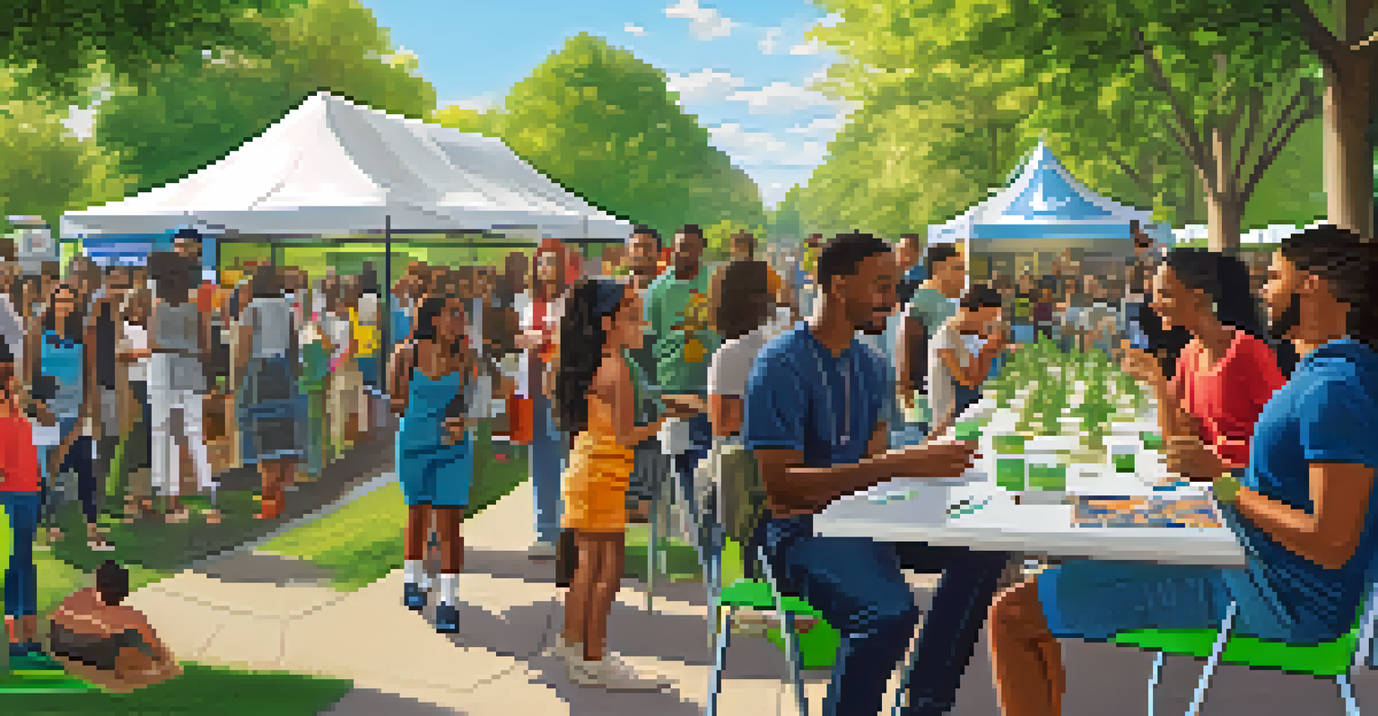 A community event in a park with booths providing educational resources about cannabis, attended by diverse families and individuals engaging in workshops.