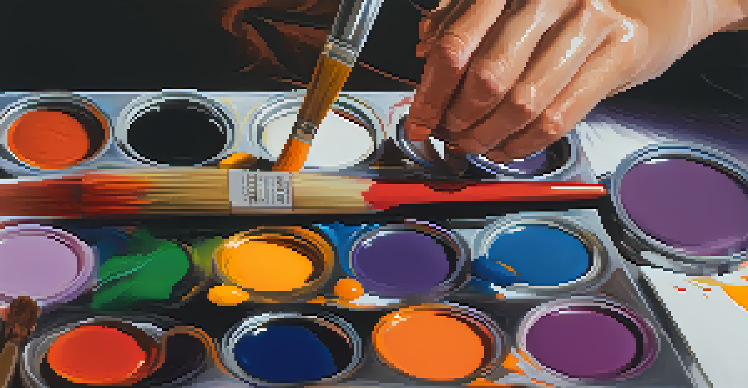 Close-up of an artist's hands mixing vibrant paint on a palette.