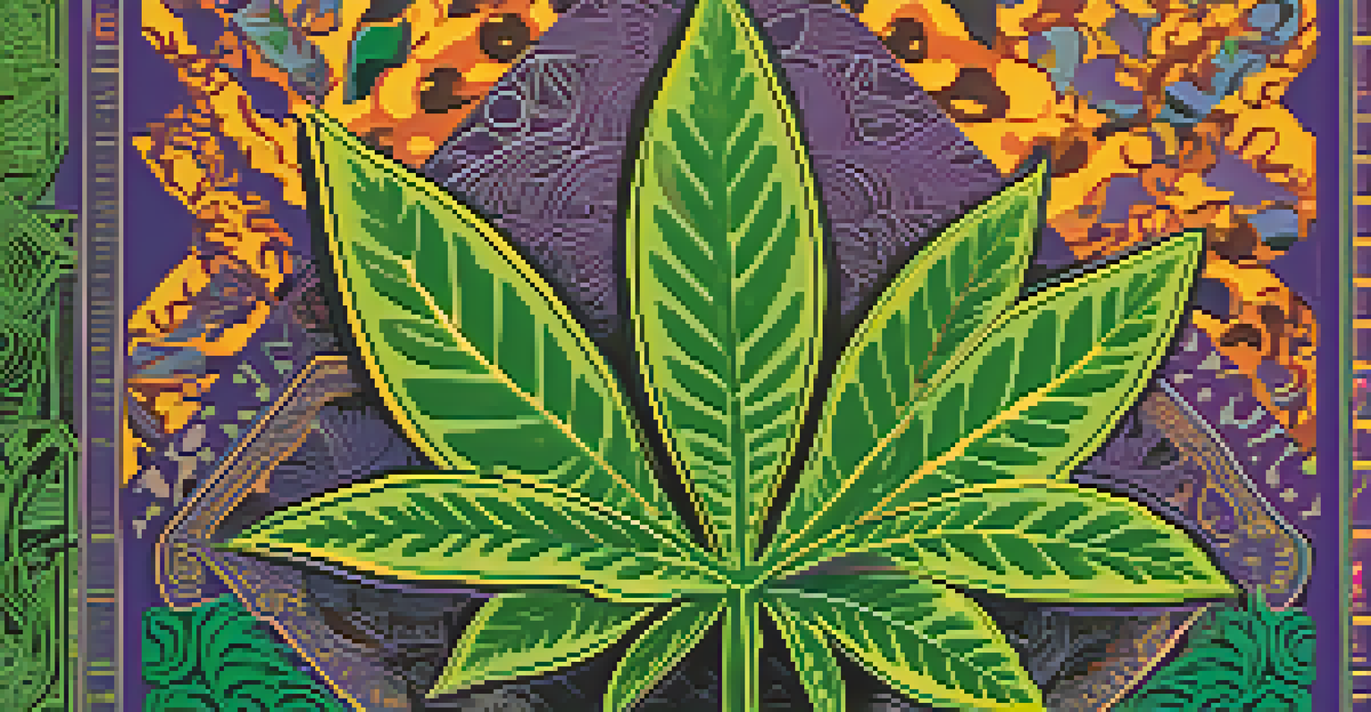 A vintage book cover from the 1970s with psychedelic art, bold typography, and hints of cannabis leaves in bright colors.