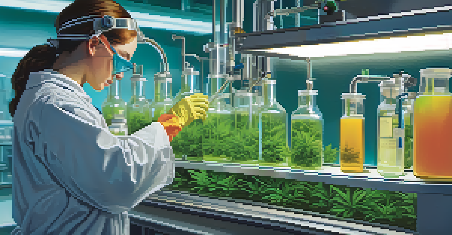 A technician working in a cannabis extraction lab, surrounded by sophisticated equipment and colorful oils in a bright, clinical setting.