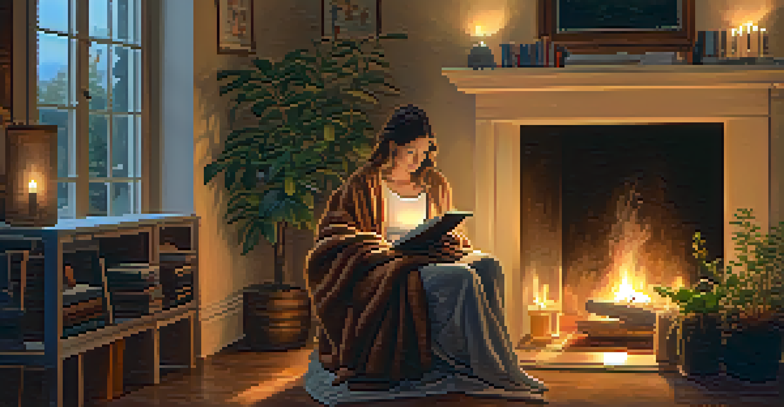 A person reading a book in a cozy chair by a fireplace, surrounded by plants and warm light.