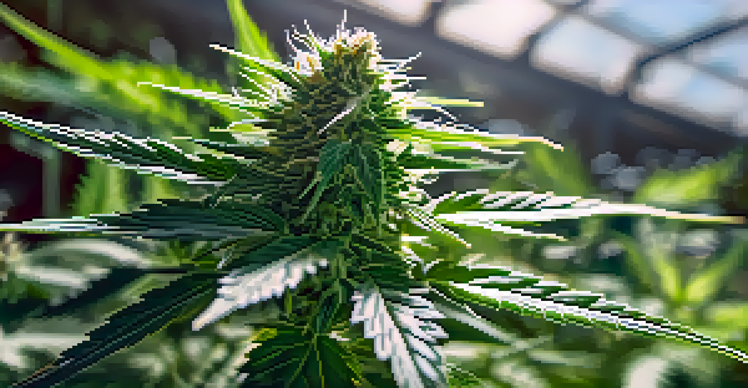 A close-up view of a healthy cannabis plant with green leaves and frosty buds in a greenhouse setting.