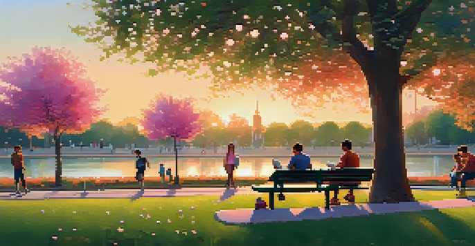 An urban park at sunset with people reading, children playing, and colorful flowers.