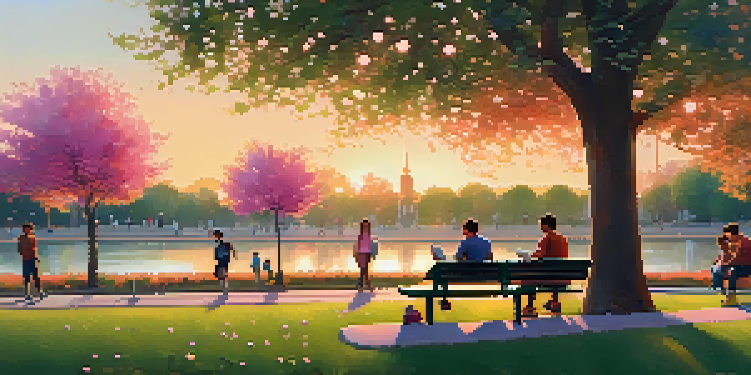An urban park at sunset with people reading, children playing, and colorful flowers.