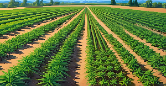 An aerial view of a vibrant cannabis farm with drones flying above and farmers monitoring crops.