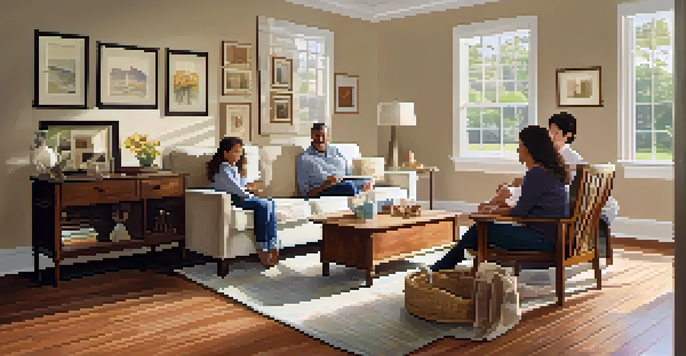 A family of four having a conversation in a cozy living room filled with sunlight and personal photographs.