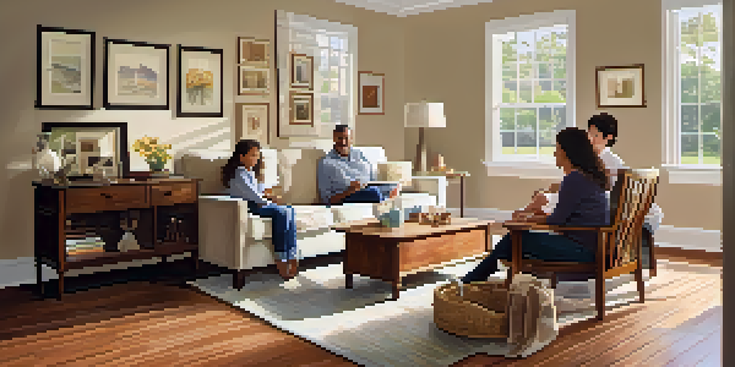 A family of four having a conversation in a cozy living room filled with sunlight and personal photographs.