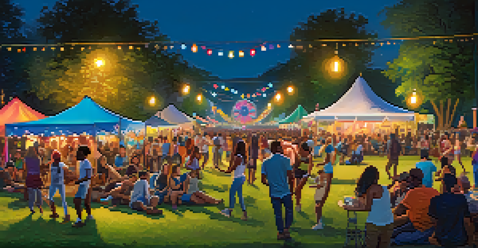 A lively music festival with a diverse crowd dancing and enjoying the atmosphere, colorful lights, and food stalls in the background.