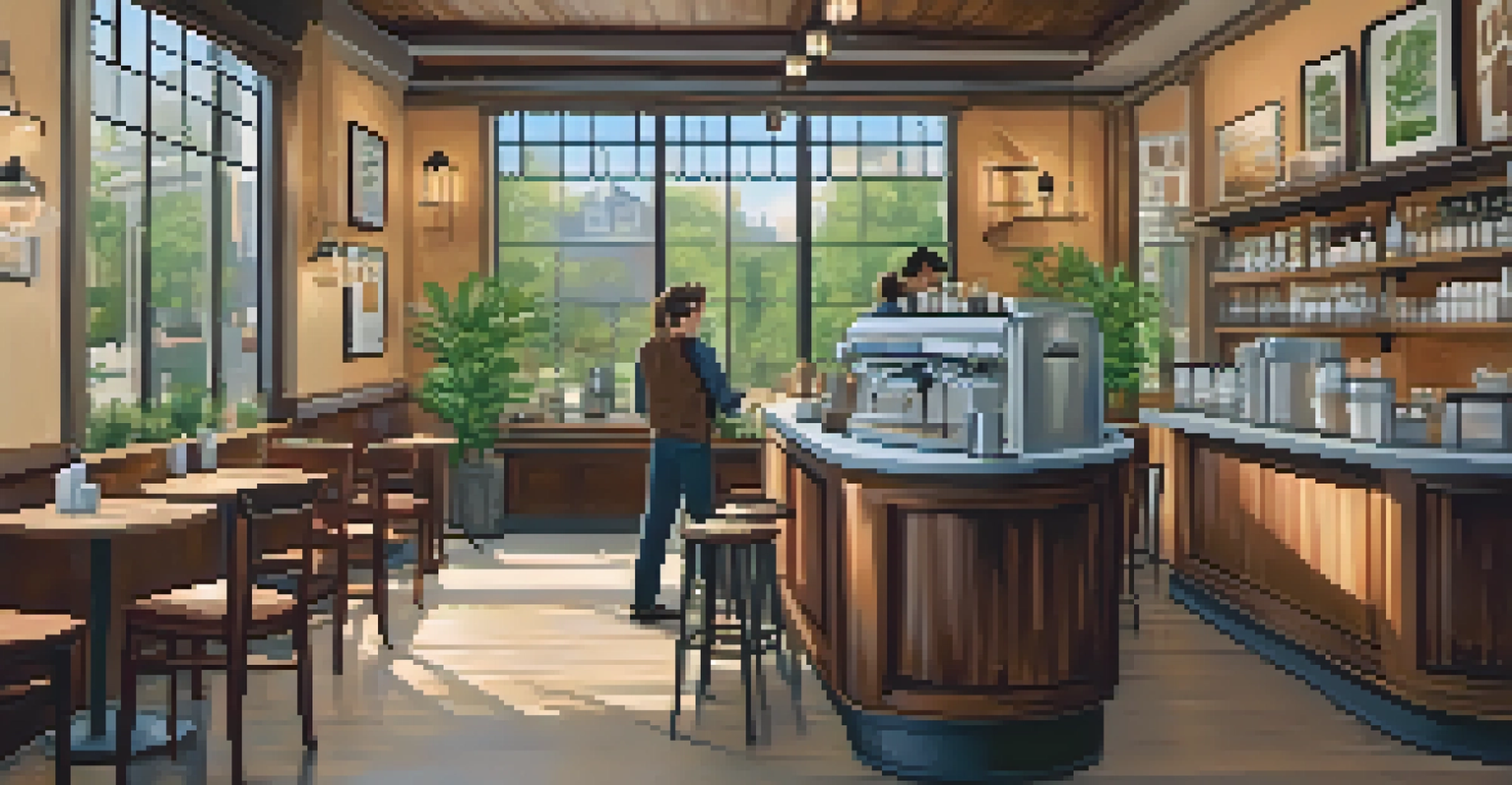 A charming coffee shop interior with a barista preparing a latte in a cozy setting.