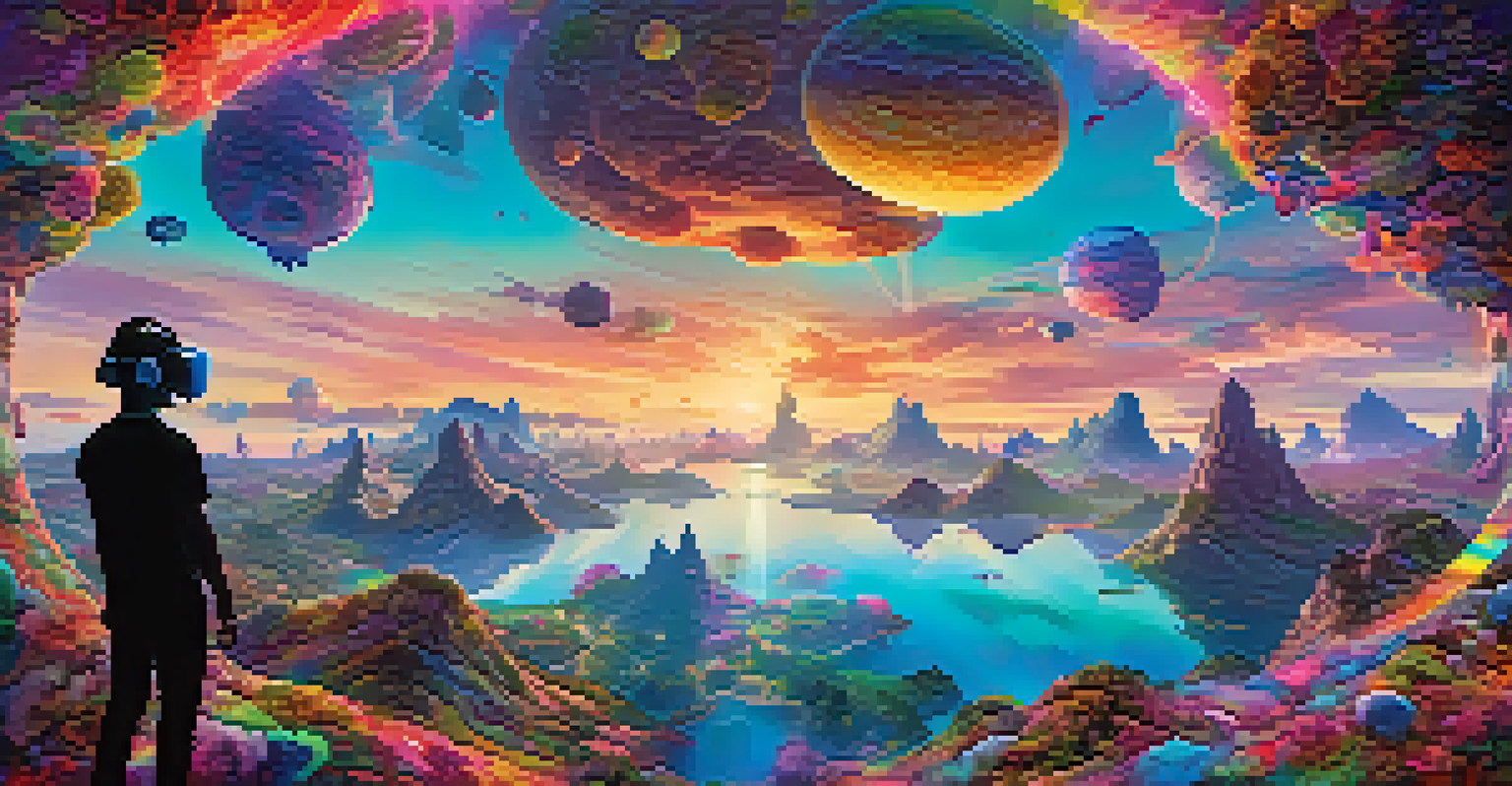A person in a VR headset exploring a colorful and surreal virtual landscape.