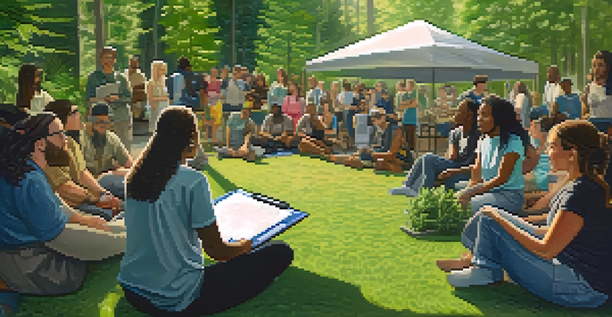 A diverse group of people attending a workshop on medical marijuana education outdoors, with a teacher explaining on a whiteboard under trees.