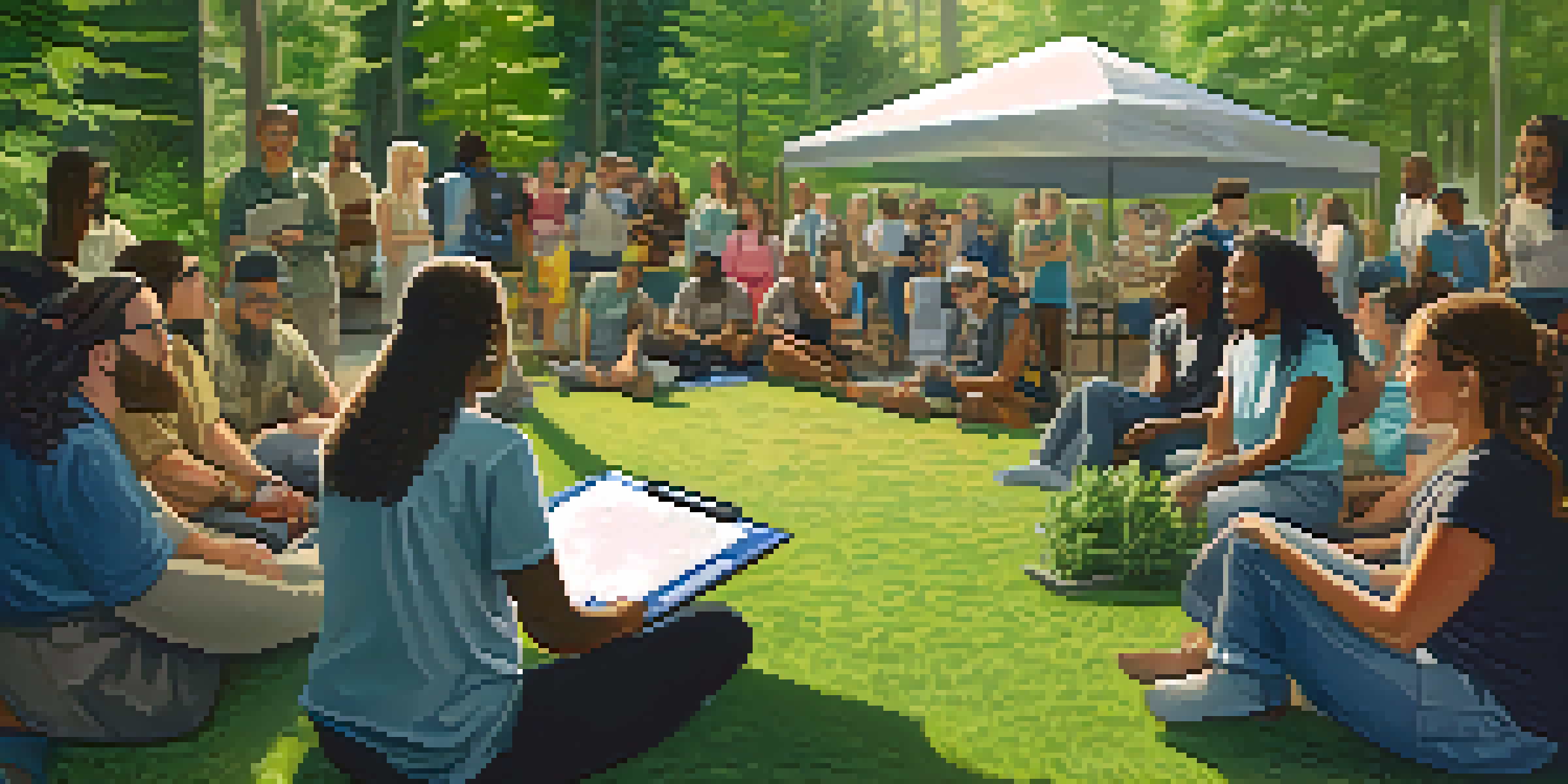 A diverse group of people attending a workshop on medical marijuana education outdoors, with a teacher explaining on a whiteboard under trees.